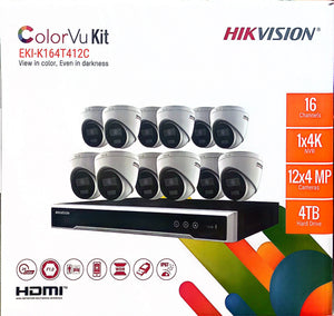 Hikvision EKI-K164T412C 16-Channel 8MP NVR with 4TB HDD & 12 ColorVu 4MP Night Vision Turret Cameras Kit