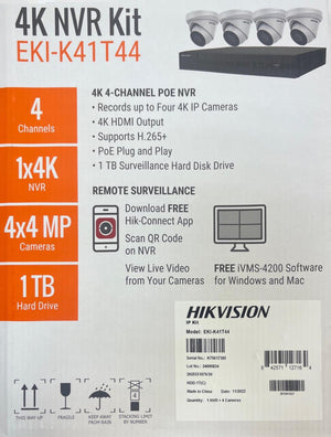 Hikvision IP Security Camera Kit 4 Channel 4K NVR with 4 x 4MP Turret Cameras EKI-K41T44