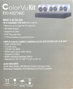 Hikvision IP Security Camera Kit 8 CH 4K NVR with 6 x 4MP ColorVu Turret Cameras   EKI-K82T46C