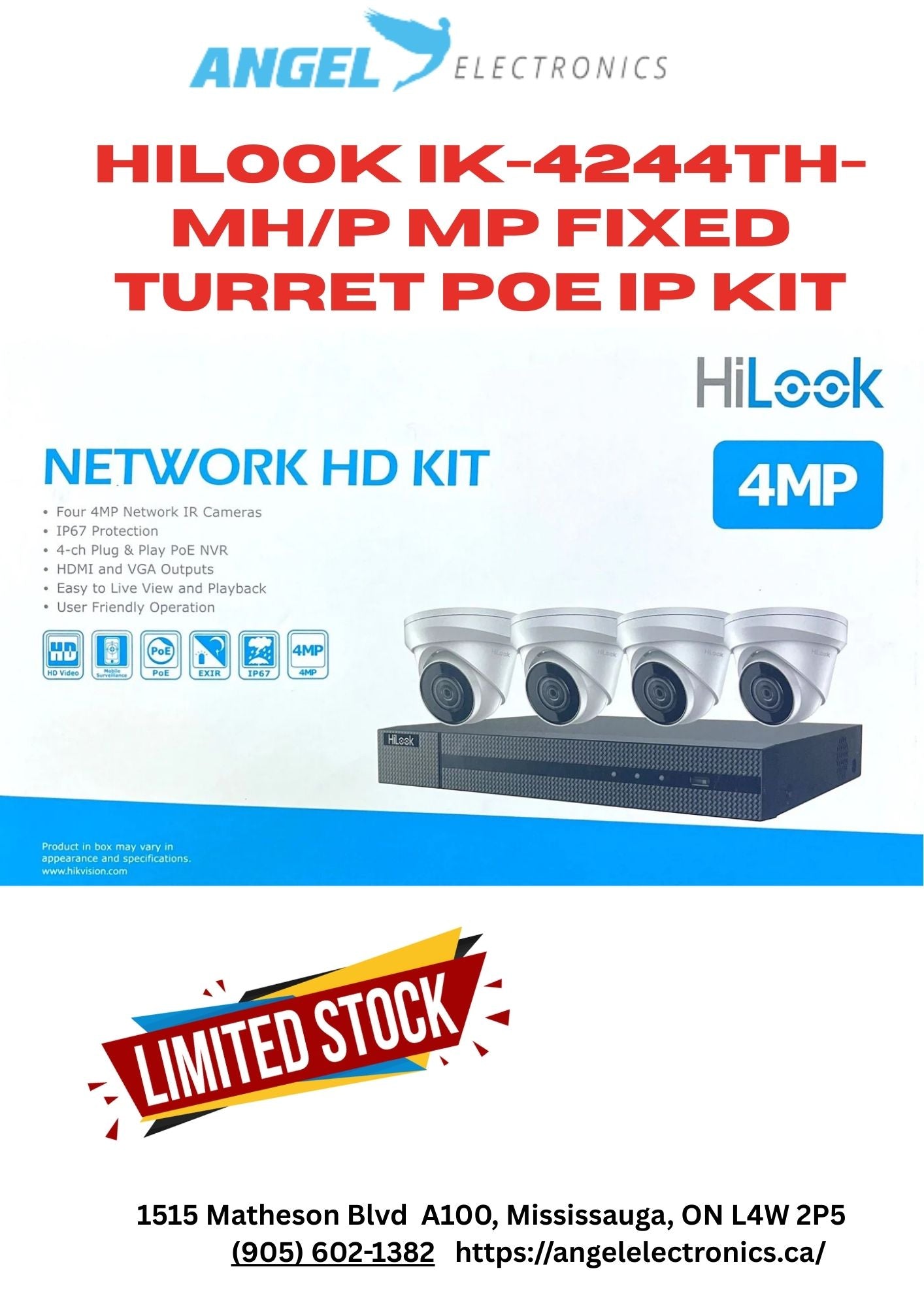 HiLook IK-4244TH-MH/P 4-Channel 4MP PoE NVR Kit | 2TB Pre-Installed HDD NVR, IP67, Desktop Client/HiLook Mobile App