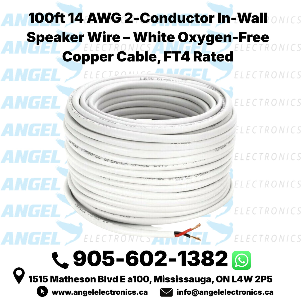 14 AWG 2-Conductor In-Wall Speaker Wire – White Oxygen-Free Copper Cable, FT4 Rated