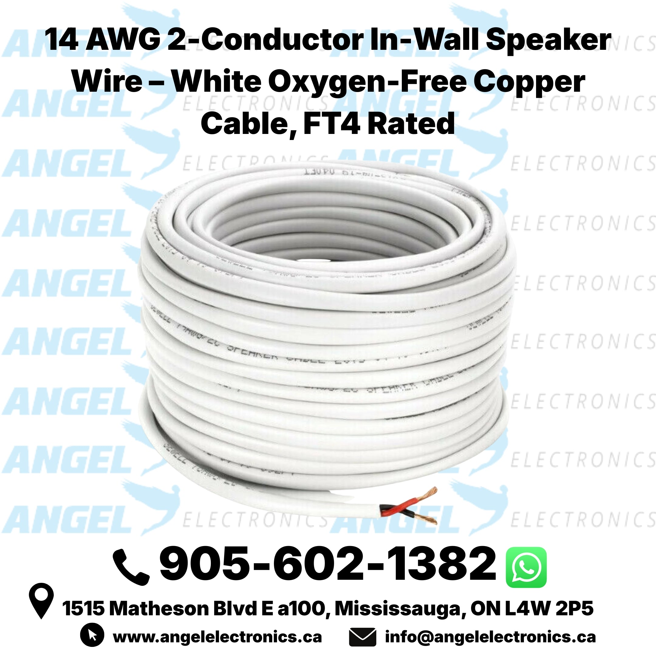14 AWG 2-Conductor In-Wall Speaker Wire – White Oxygen-Free Copper Cable, FT4 Rated