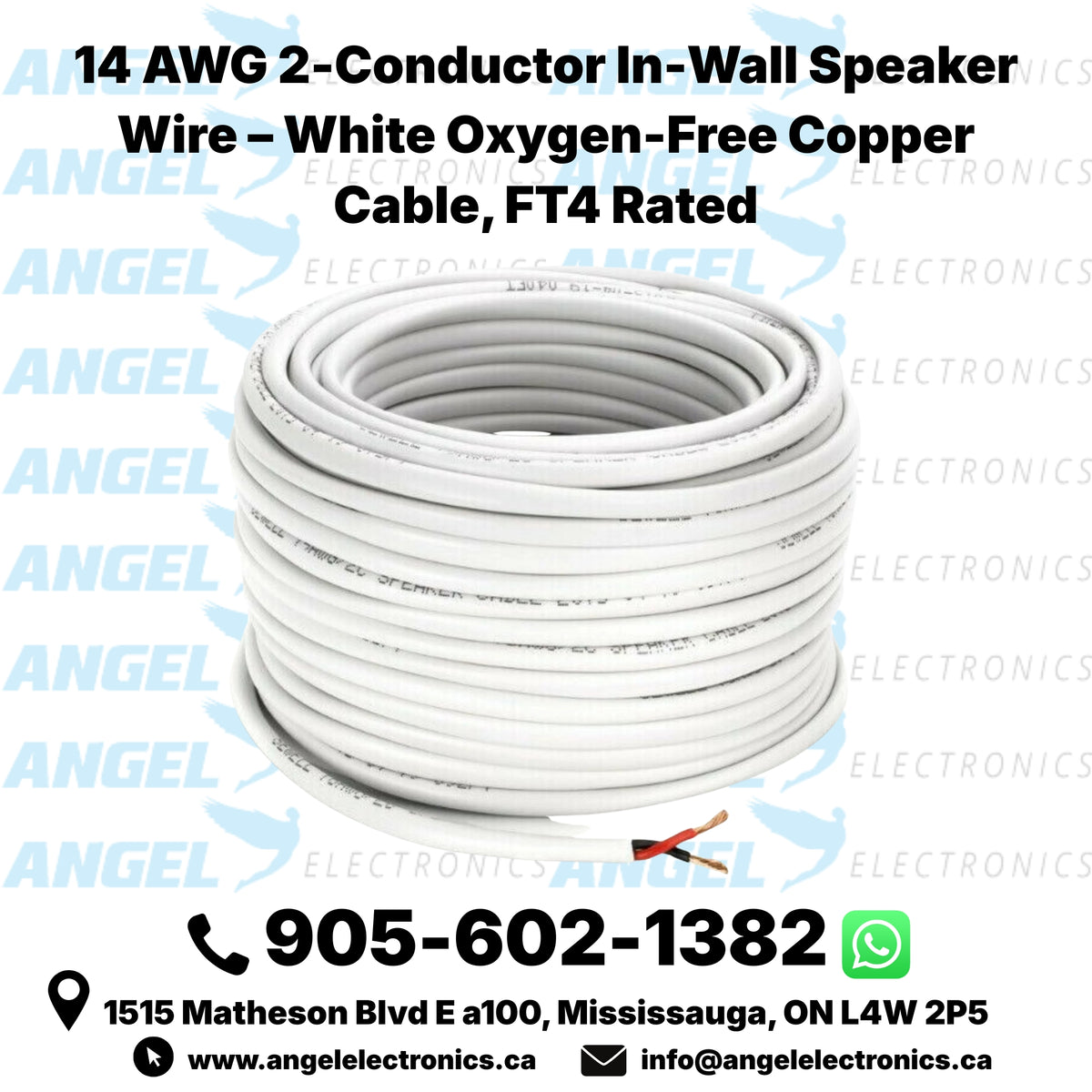 14 AWG 2-Conductor In-Wall Speaker Wire – White Oxygen-Free Copper Cable, FT4 Rated