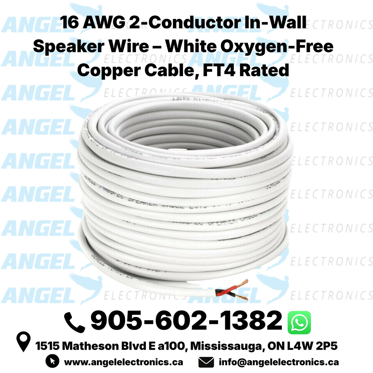 16 AWG 2-Conductor In-Wall Speaker Wire – White Oxygen-Free Copper Cable, FT4 Rated, 50ft–150ft