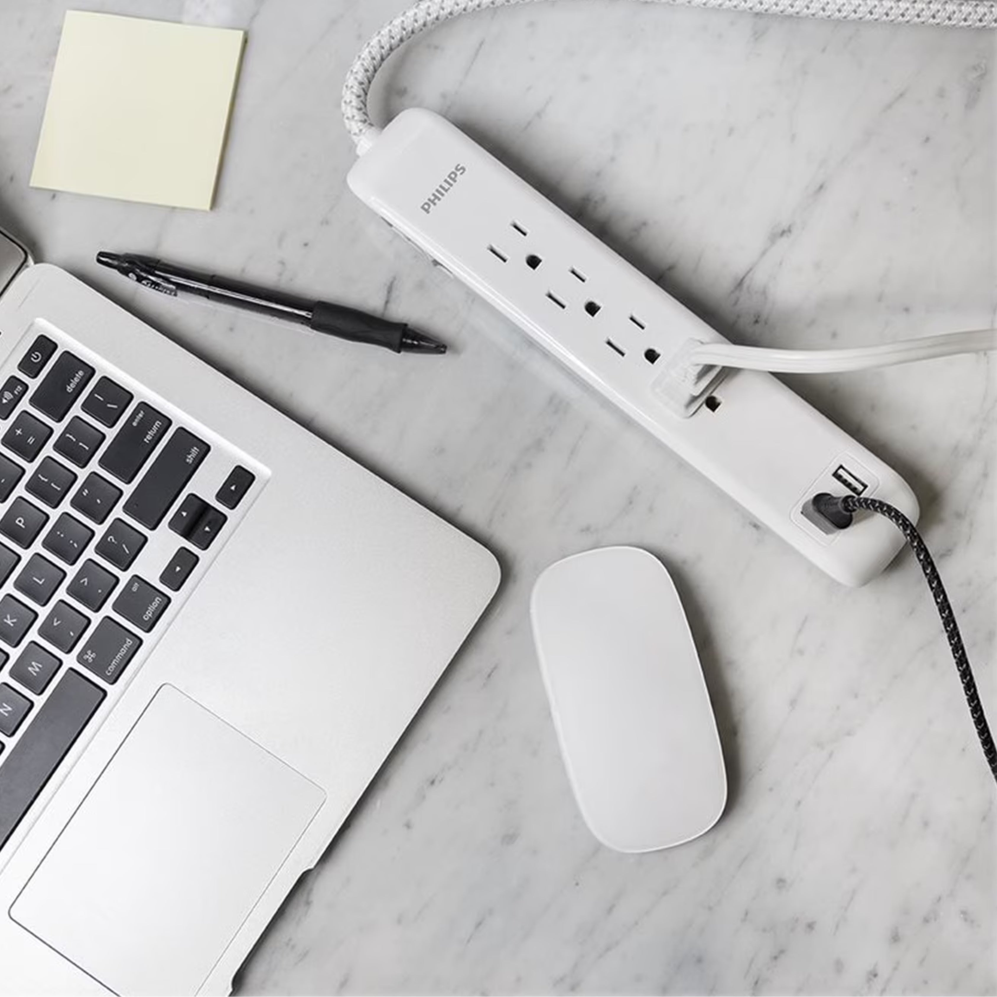 Philips 4 Outlet 2 USB Port Surge Protector, 720 Joules, 4ft Cord, White