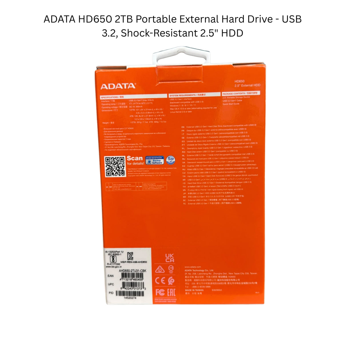 ADATA HD650 2TB Portable External Hard Drive - USB 3.2, Shock-Resistant 2.5" HDD