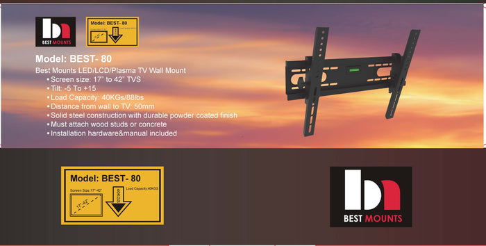 BEST-80 Short Arm Heavy Duty Tilting Wall Mount for 17 – 42″ TVs