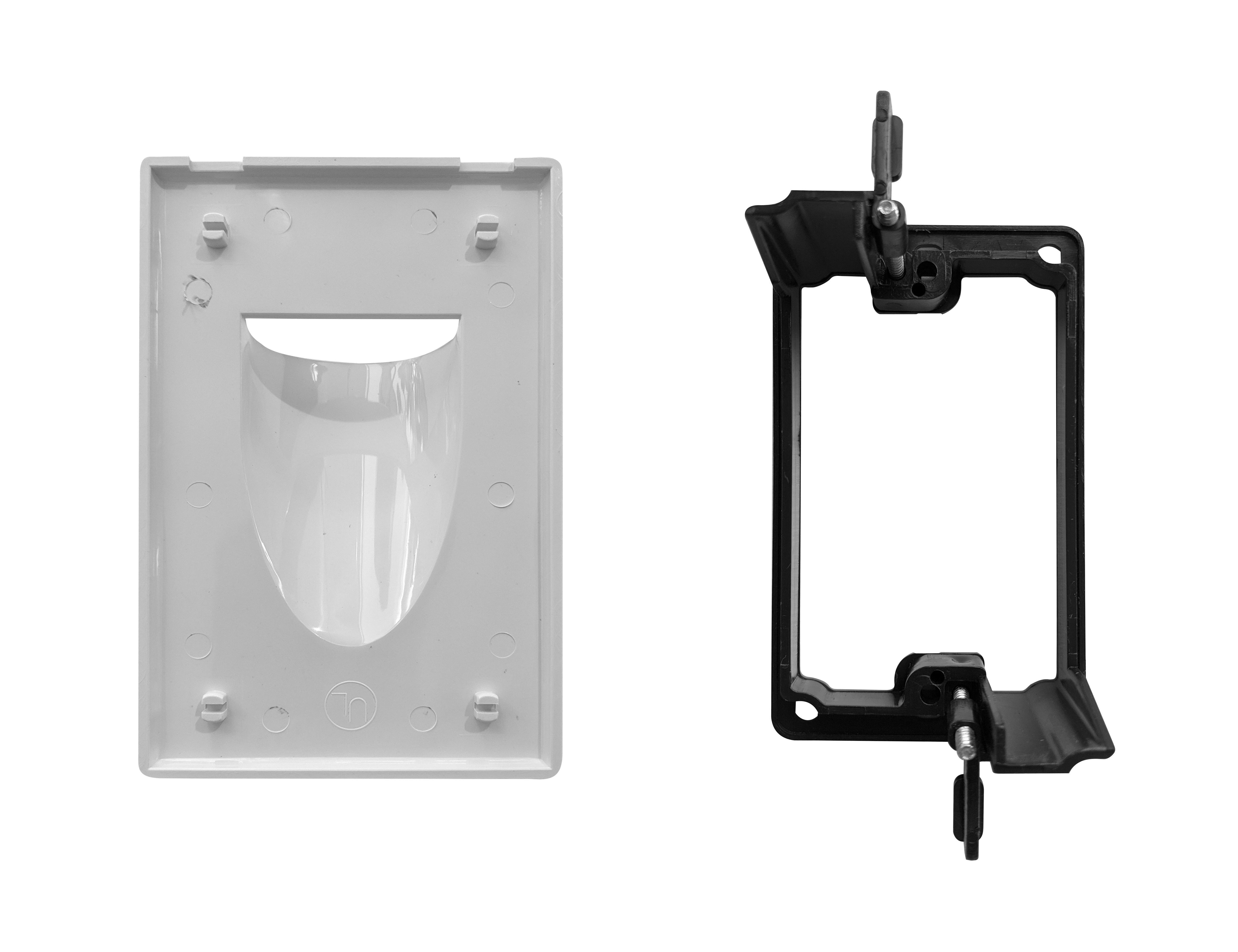 BestMounts Combo: Scoop (Outward) 1-Gang Cable Pass-Through Low Voltage Snap-On Wall Plate with Drywall Retrofit Mounting Bracket | BLVONS1