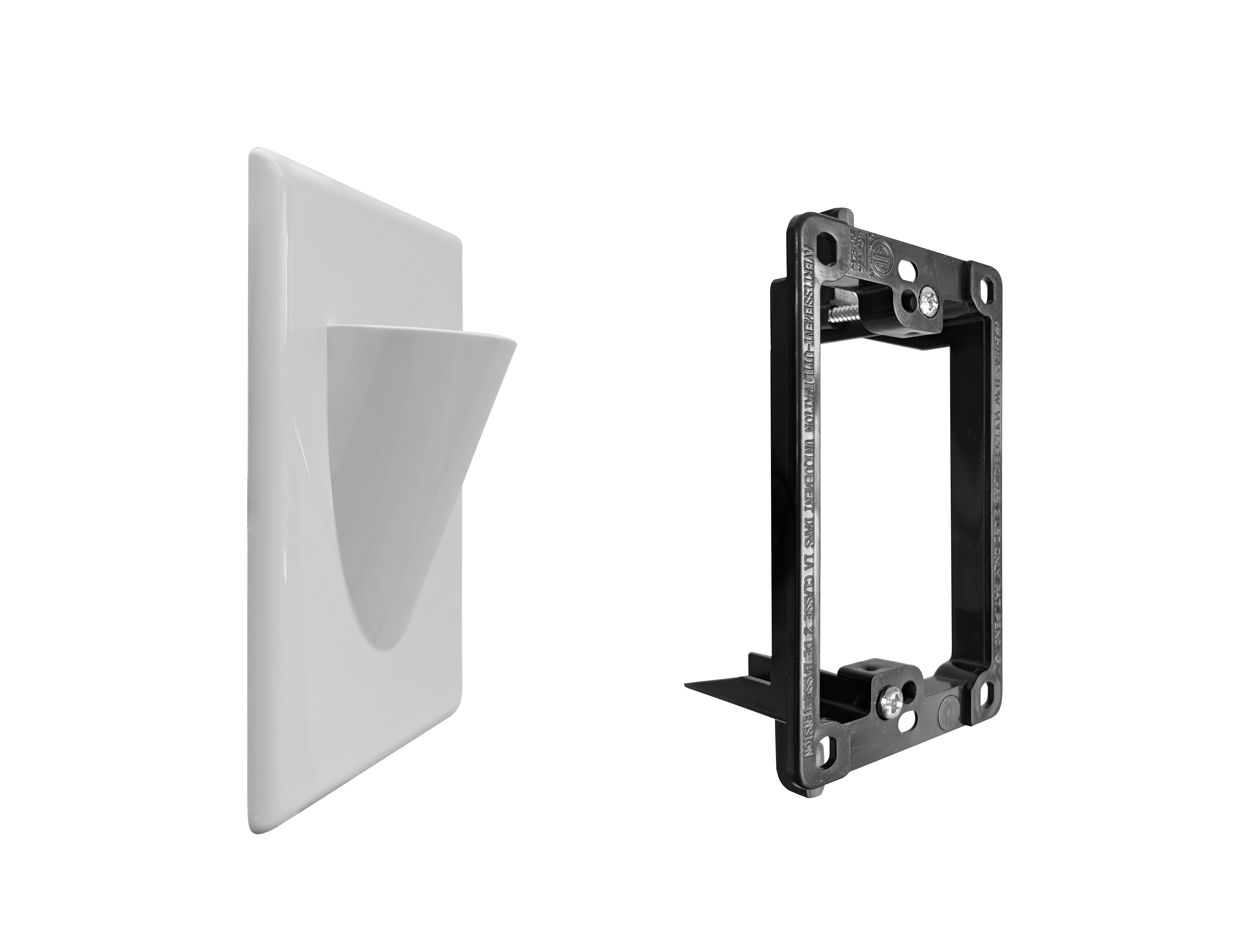 BestMounts Combo: Scoop (Outward) 1-Gang Cable Pass-Through Low Voltage Snap-On Wall Plate with Drywall Retrofit Mounting Bracket | BLVONS1