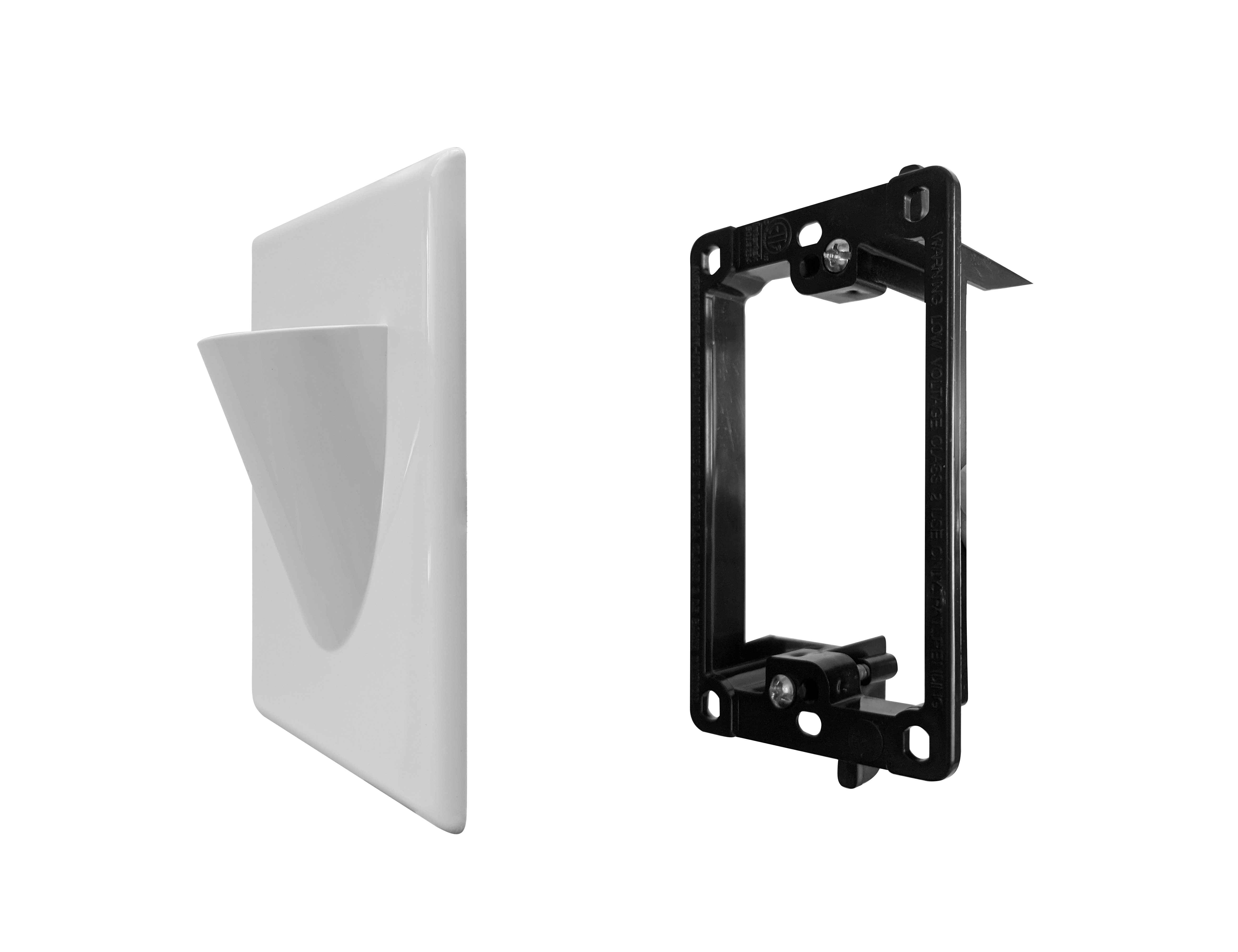 BestMounts Combo: Scoop (Outward) 1-Gang Cable Pass-Through Low Voltage Snap-On Wall Plate with Drywall Retrofit Mounting Bracket | BLVONS1