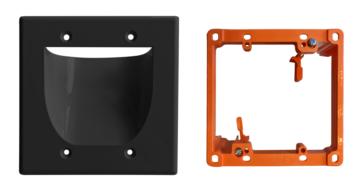 BestMounts Combo Recessed 2-Gang Cable Pass-Through Wall Plate with Drywall Retrofit Mounting Bracket | BWPW2 + BLVP2