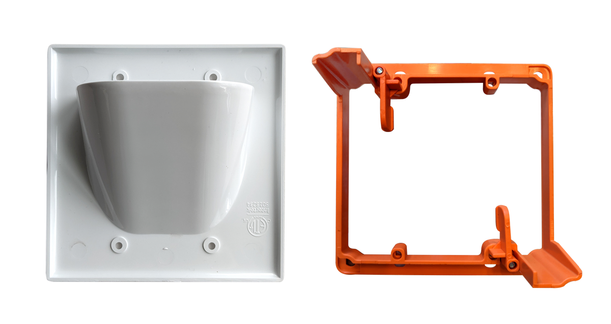 BestMounts Combo Recessed 2-Gang Cable Pass-Through Wall Plate with Drywall Retrofit Mounting Bracket | BWPW2 + BLVP2