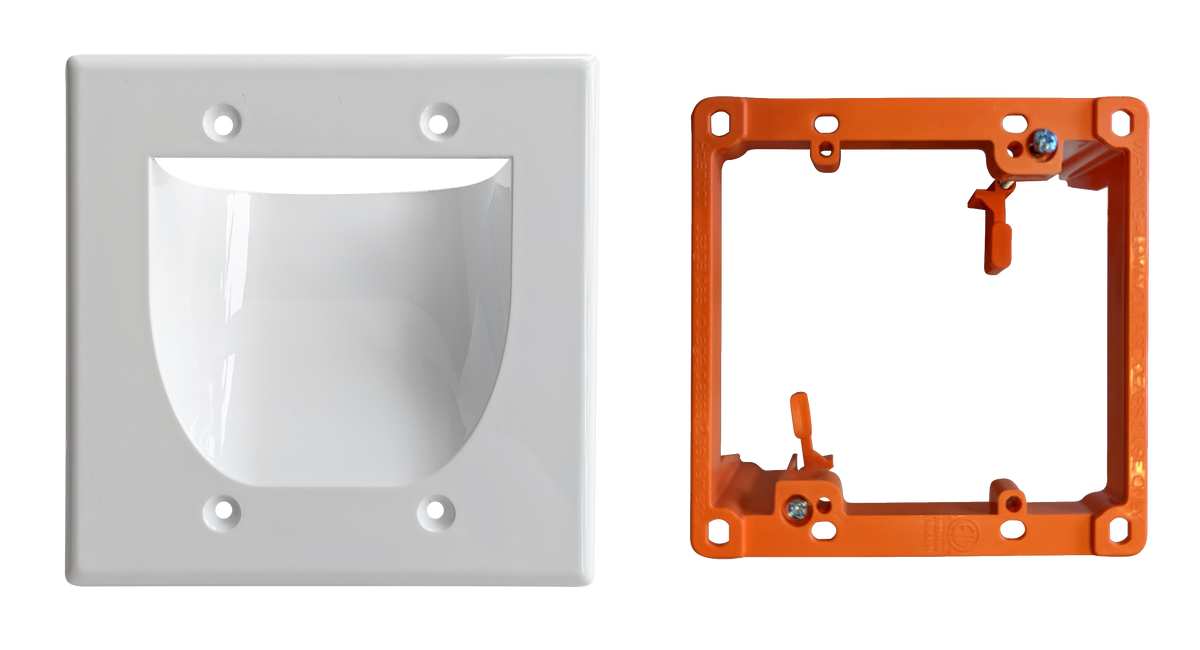 BestMounts Combo Recessed 2-Gang Cable Pass-Through Wall Plate with Drywall Retrofit Mounting Bracket | BWPW2 + BLVP2