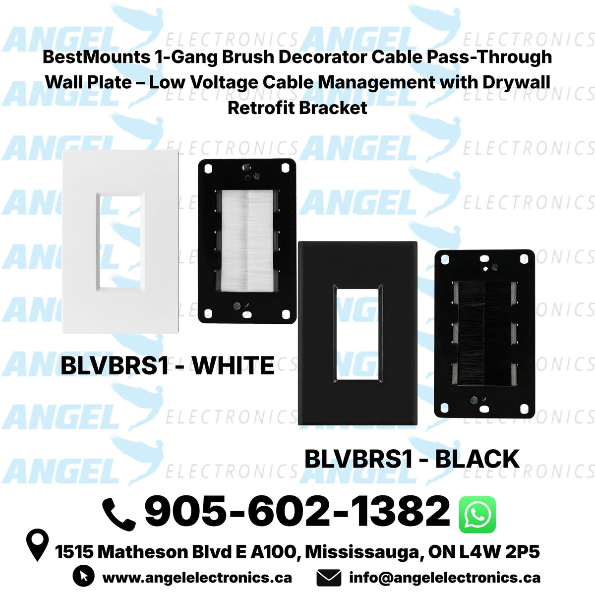 BestMounts Combo: Brush Decorator 1-Gang Cable Pass-Through Low Voltage Snap-On Wall Plate with Drywall Retrofit Mounting Bracket | BLVBRS1