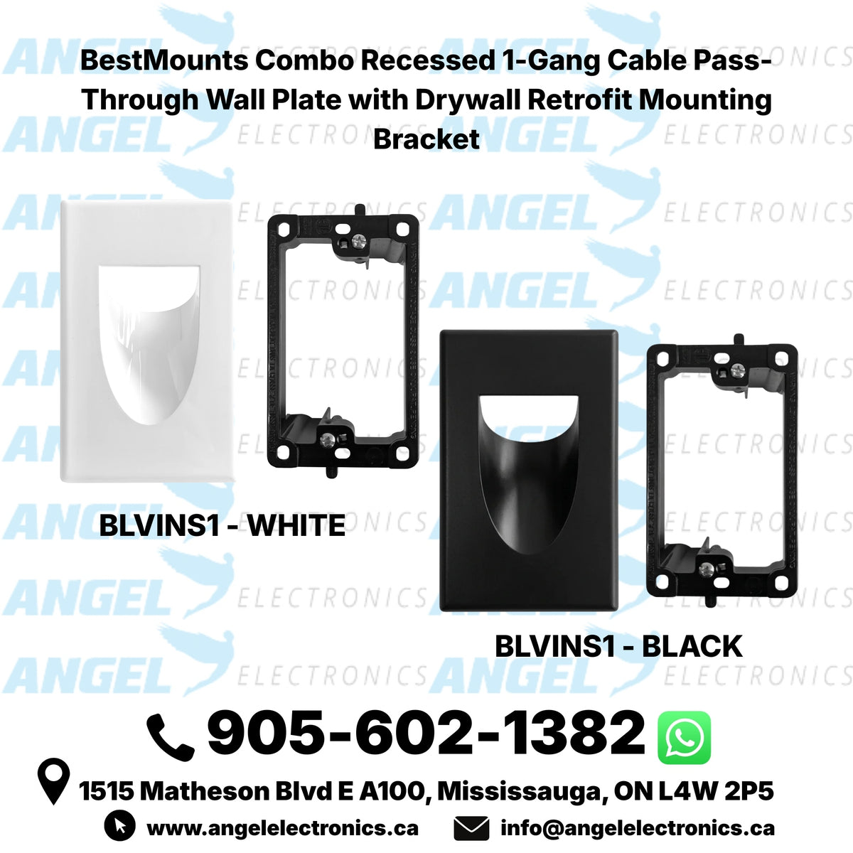 Best Mounts Combo Recessed (Inaward) 1-Gang Cable Pass-Through Wall Plate with Drywall Retrofit Mounting Bracket | BLVINS1