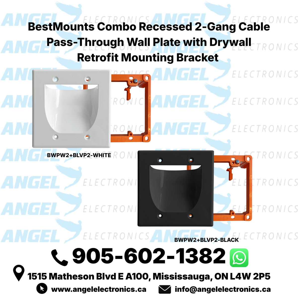 BestMounts Combo Recessed 2-Gang Cable Pass-Through Wall Plate with Drywall Retrofit Mounting Bracket | BWPW2 + BLVP2