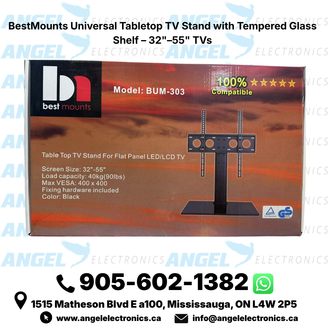 BestMounts Universal Tabletop TV Stand with Tempered Glass Shelf – 32"–55" TVs