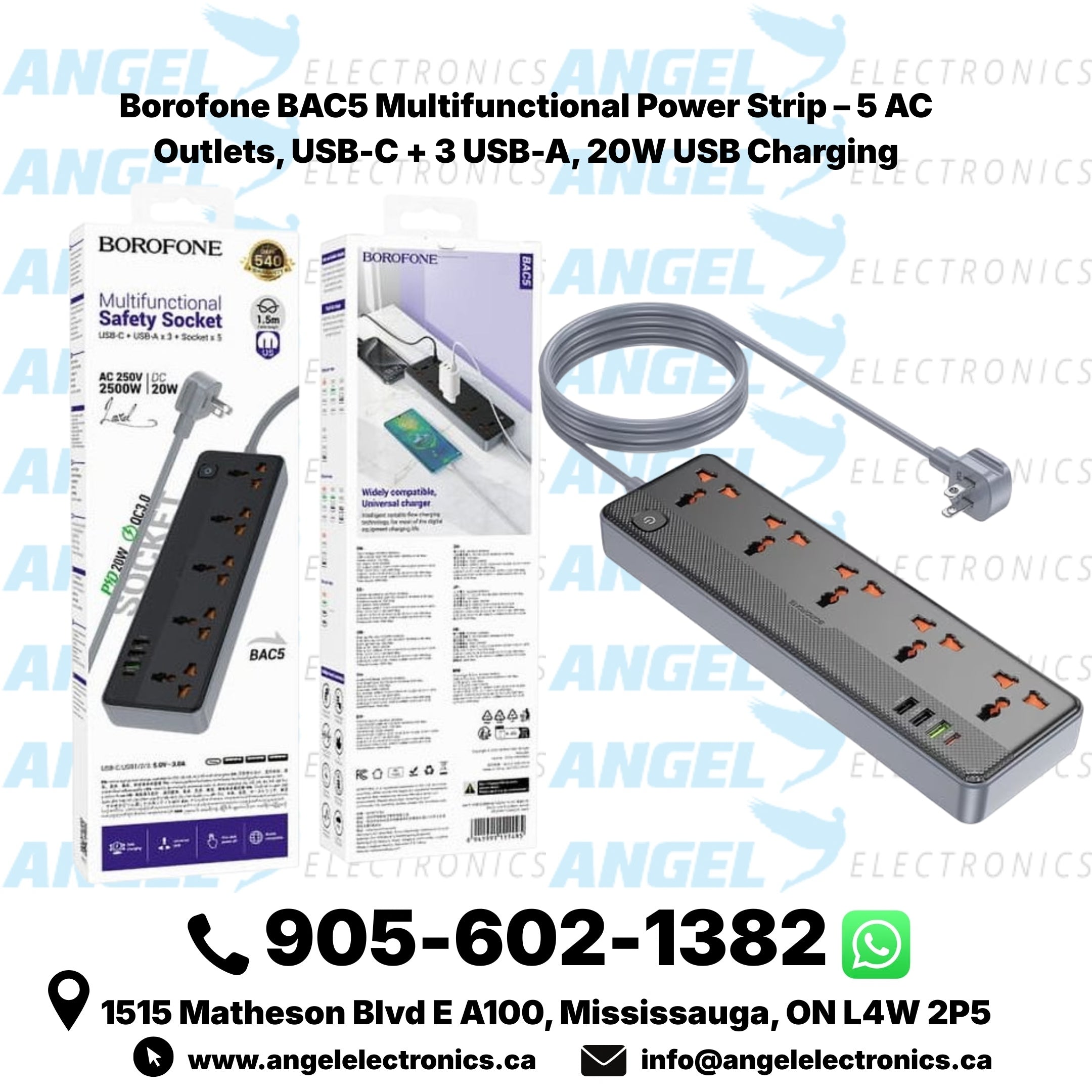 Borofone BAC5 Multifunctional Power Strip – 5 AC Outlets, USB-C + 3 USB-A, 20W USB Charging