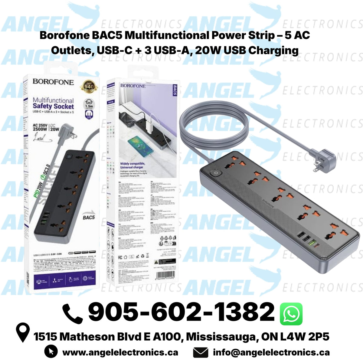 Borofone BAC5 Multifunctional Power Strip – 5 AC Outlets, USB-C + 3 USB-A, 20W USB Charging
