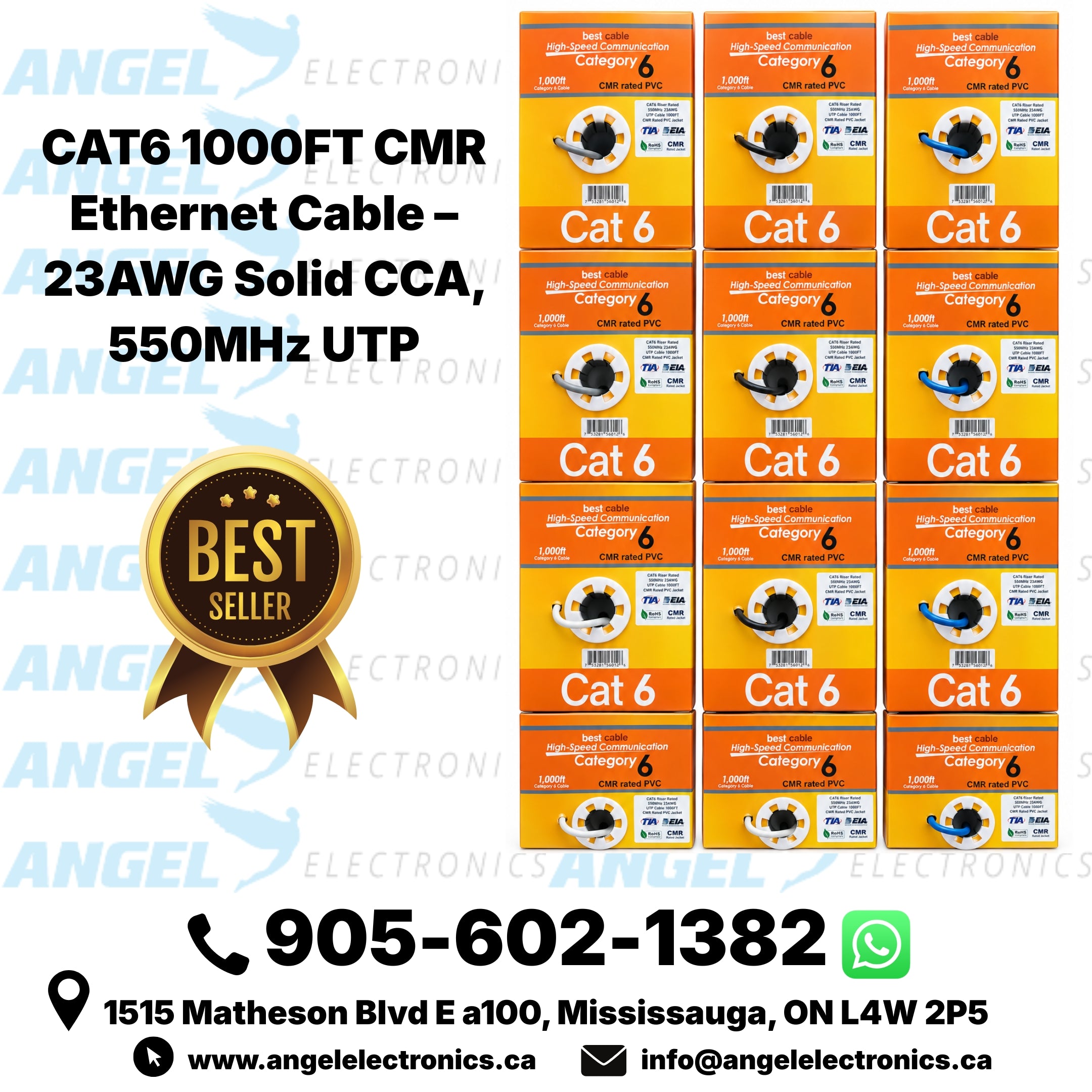 CAT6 1000FT CMR Ethernet Cable – 23AWG Solid CCA, 550MHz UTP