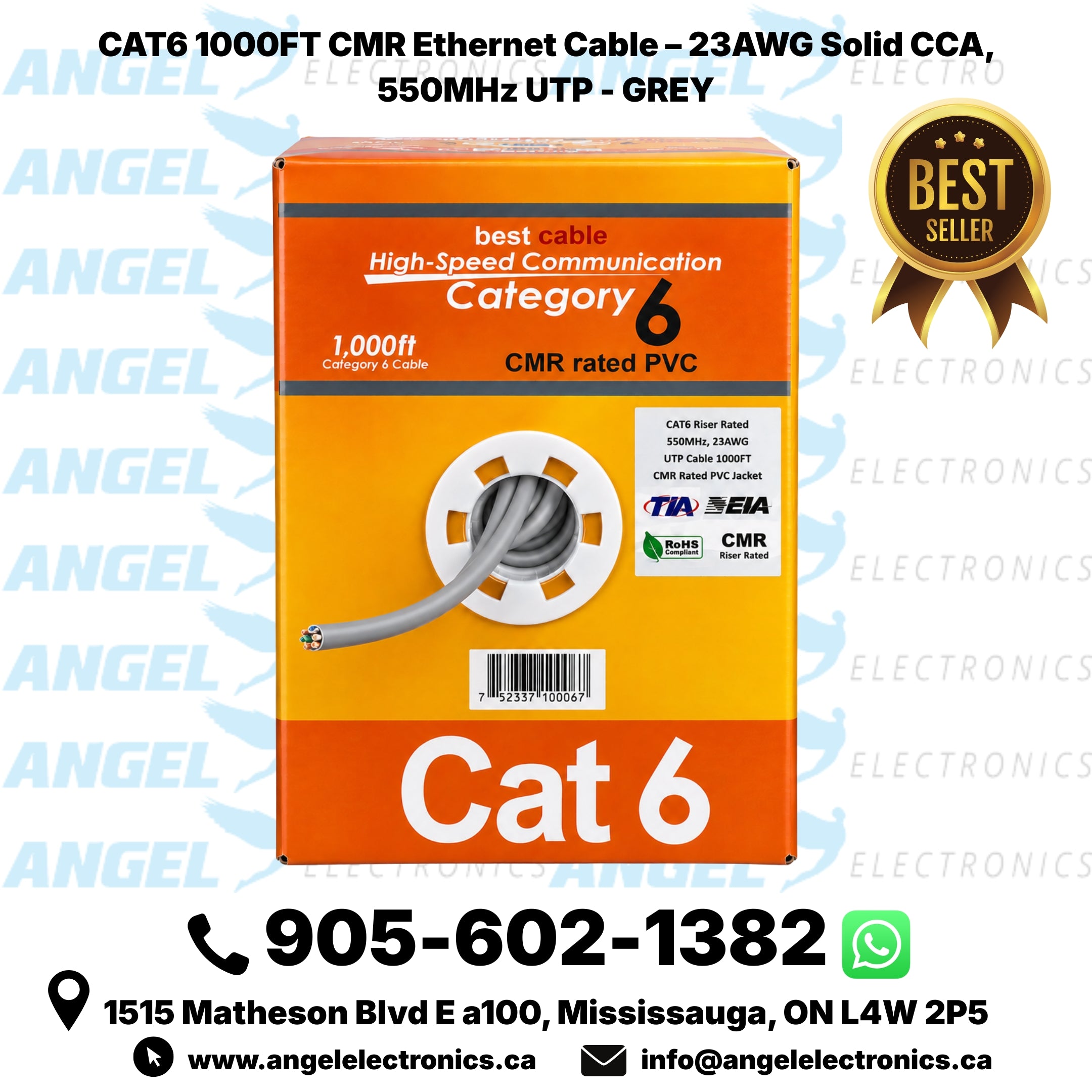CAT6 1000FT CMR Ethernet Cable – 23AWG Solid CCA, 550MHz UTP