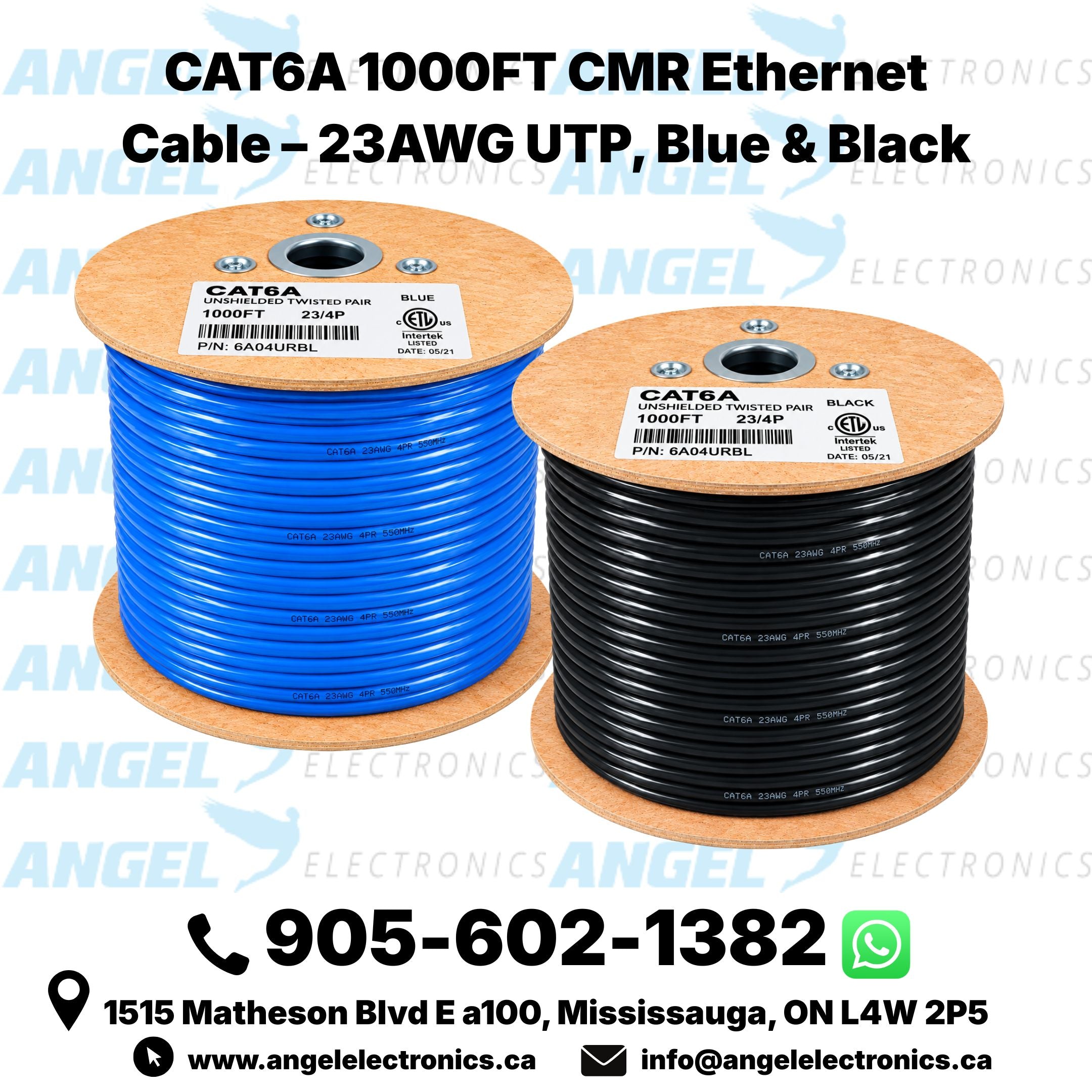 CAT6A 1000FT CMR Ethernet Cable – 23AWG UTP, Blue & Black