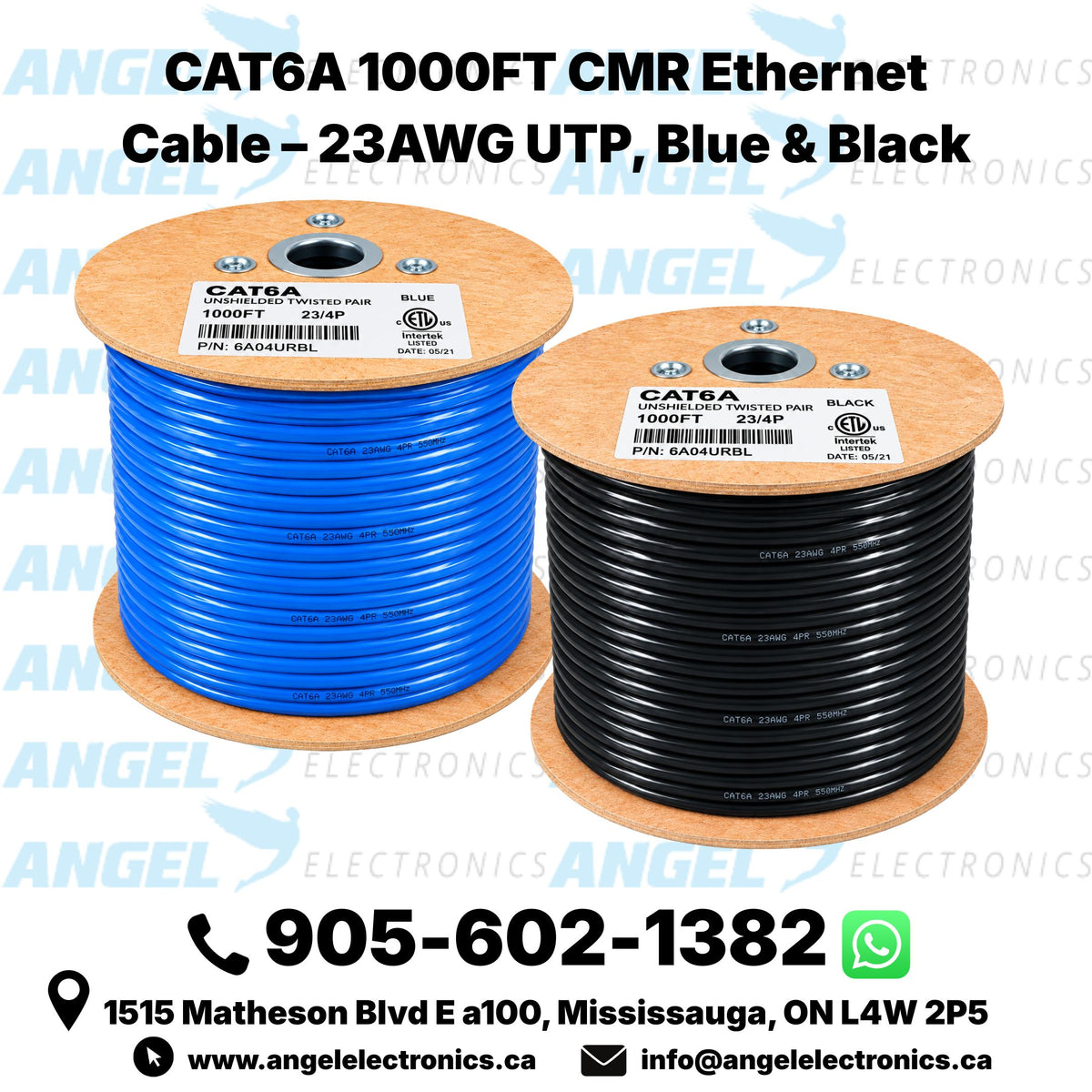 CAT6A 1000FT CMR Ethernet Cable – 23AWG UTP, Blue & Black