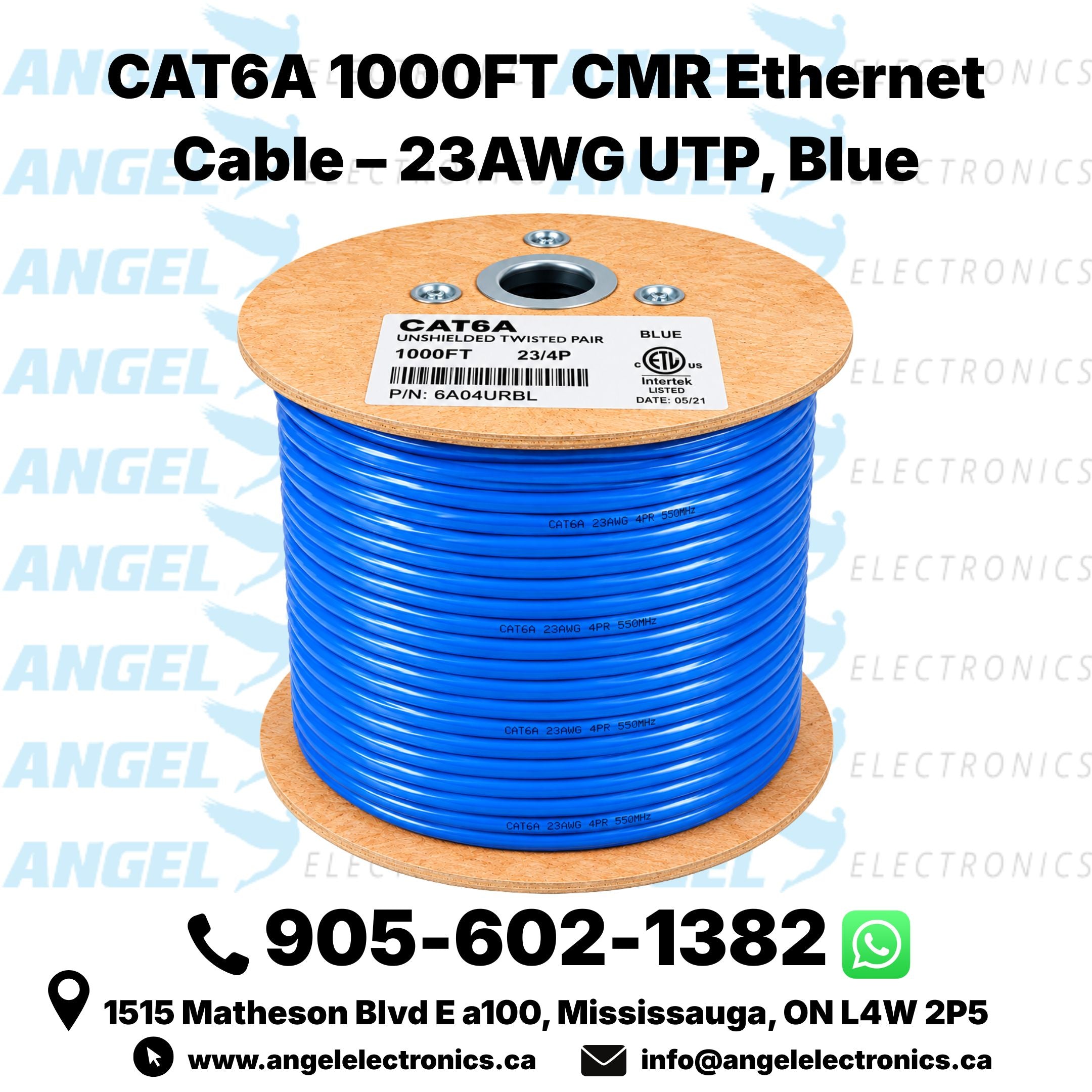 CAT6A 1000FT CMR Ethernet Cable – 23AWG UTP, Blue & Black