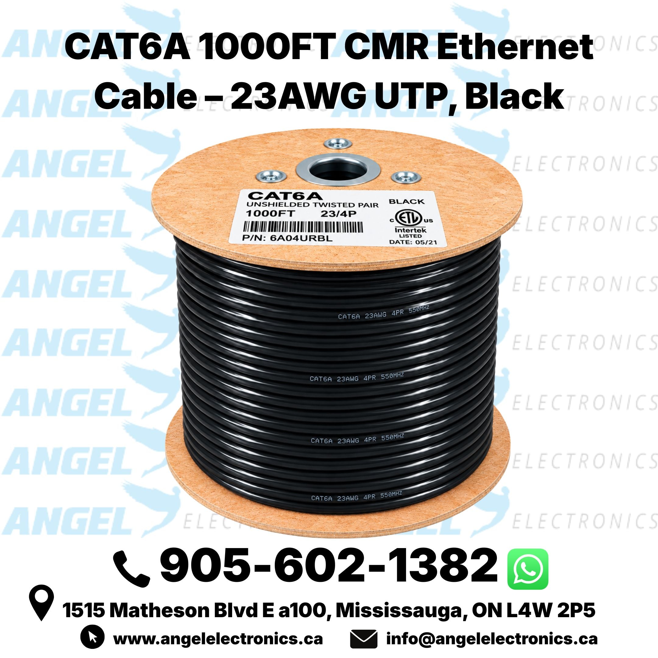 CAT6A 1000FT CMR Ethernet Cable – 23AWG UTP, Blue & Black