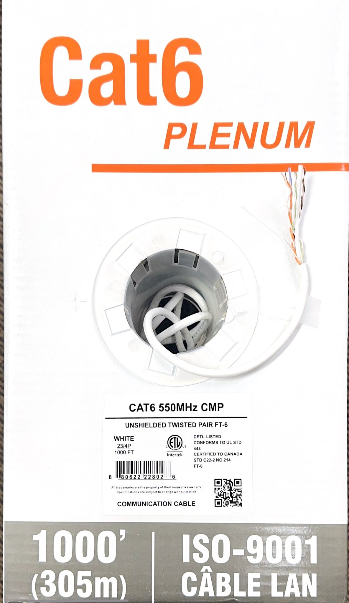CAT6 Plenum CMP 23 AWG 4-Pair UTP Network Cable – 1000 ft, 550 MHz, White