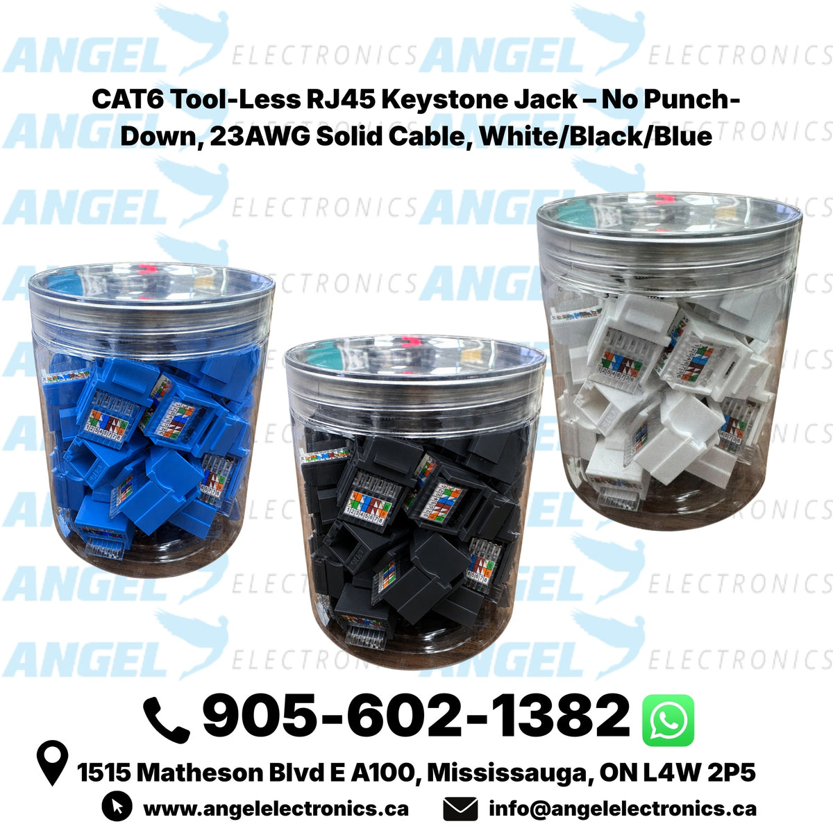 CAT6 Tool-Less RJ45 Keystone Jack – No Punch-Down, 23AWG Solid Cable, White/Black/Blue