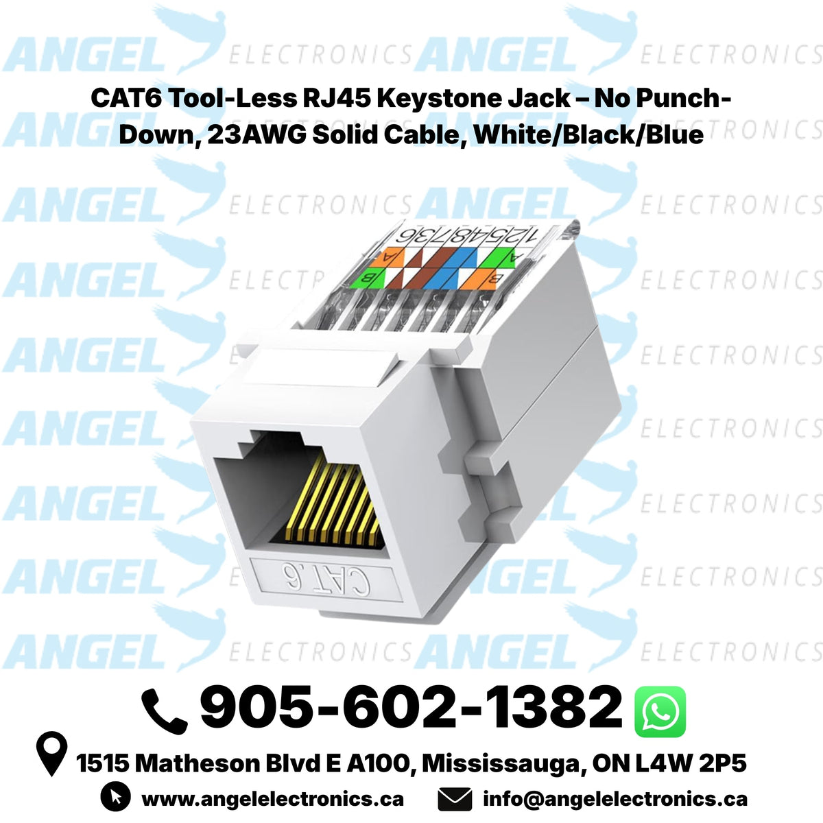 CAT6 Tool-Less RJ45 Keystone Jack – No Punch-Down, 23AWG Solid Cable, White/Black/Blue