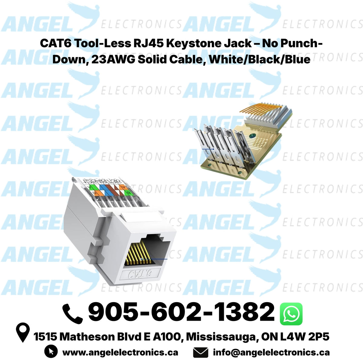 CAT6 Tool-Less RJ45 Keystone Jack – No Punch-Down, 23AWG Solid Cable, White/Black/Blue