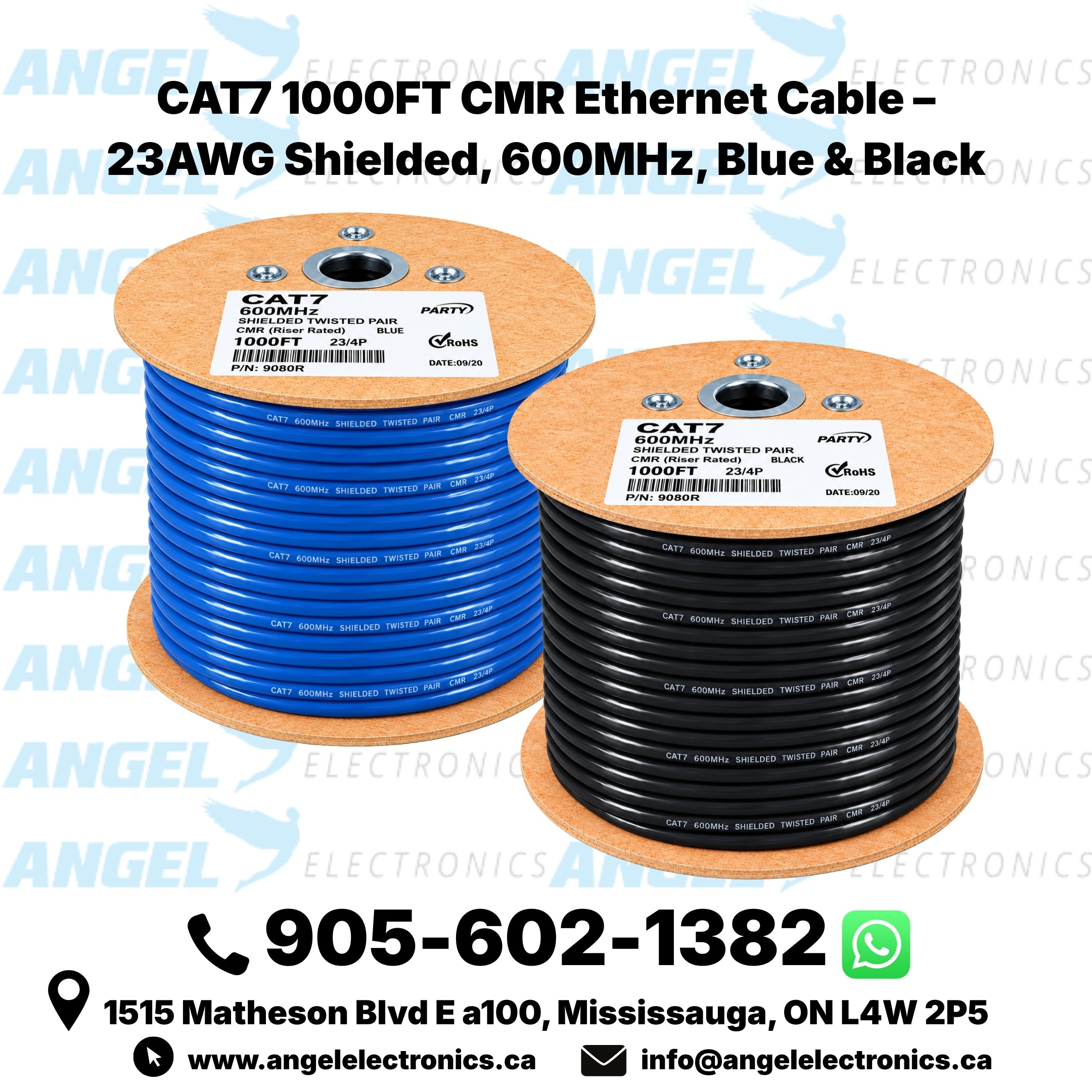 CAT7 1000FT CMR Ethernet Cable – 23AWG Shielded, 600MHz, Blue & Black