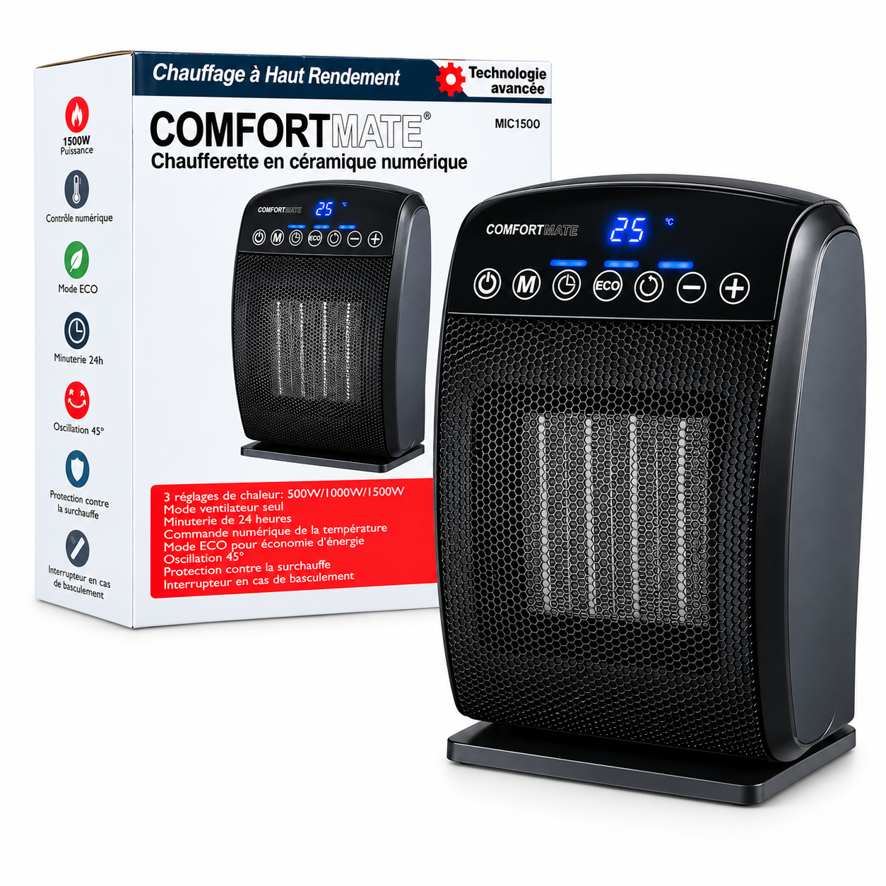 COMFORTMATE MIC1500 1500W Digital Ceramic Space Heater with ECO Mode ...