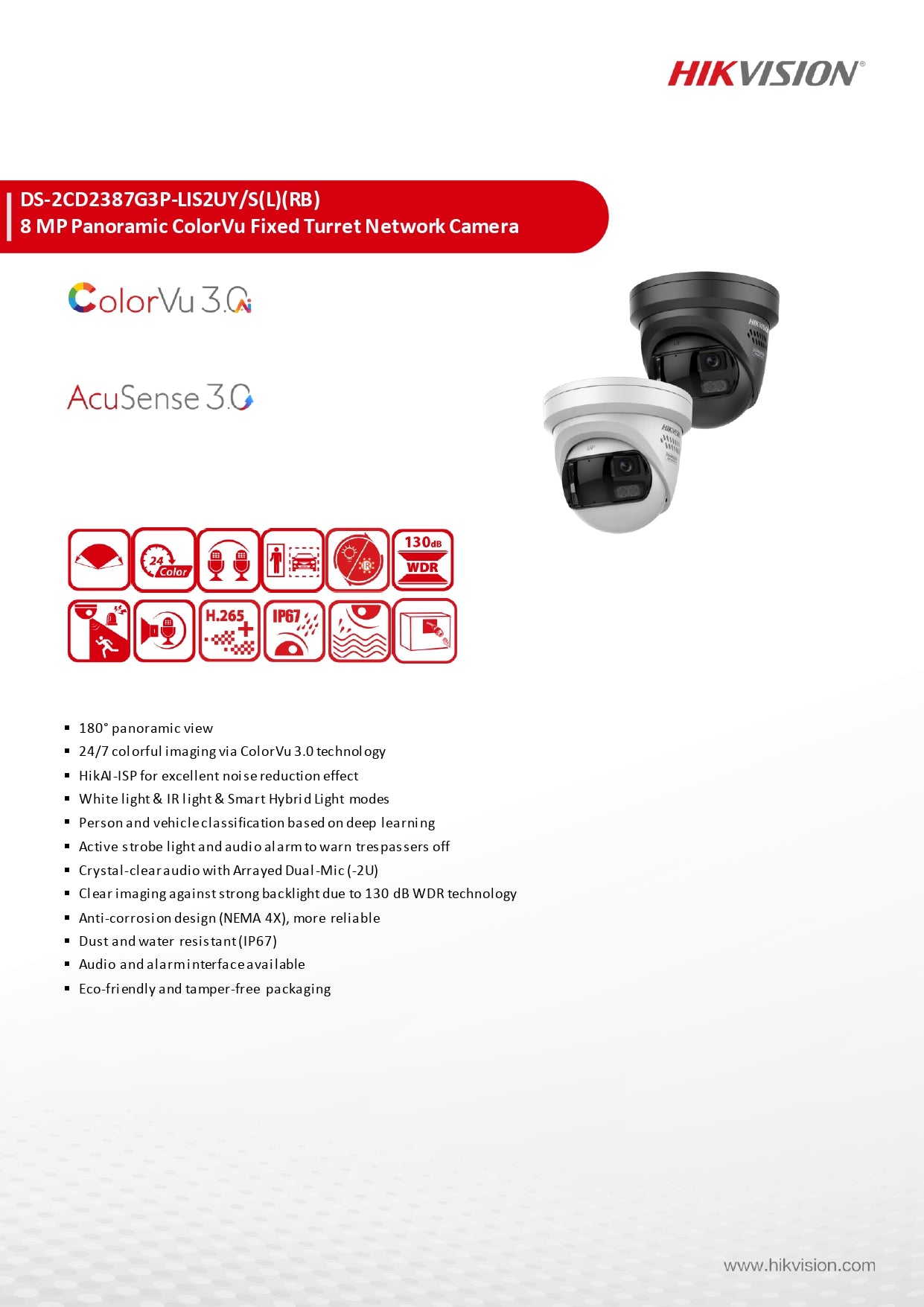 Hikvision 8 MP Panoramic ColorVu Fixed Turret Network Camera (DS-2CD2387G3P-LIS2UY/SRB(180°)