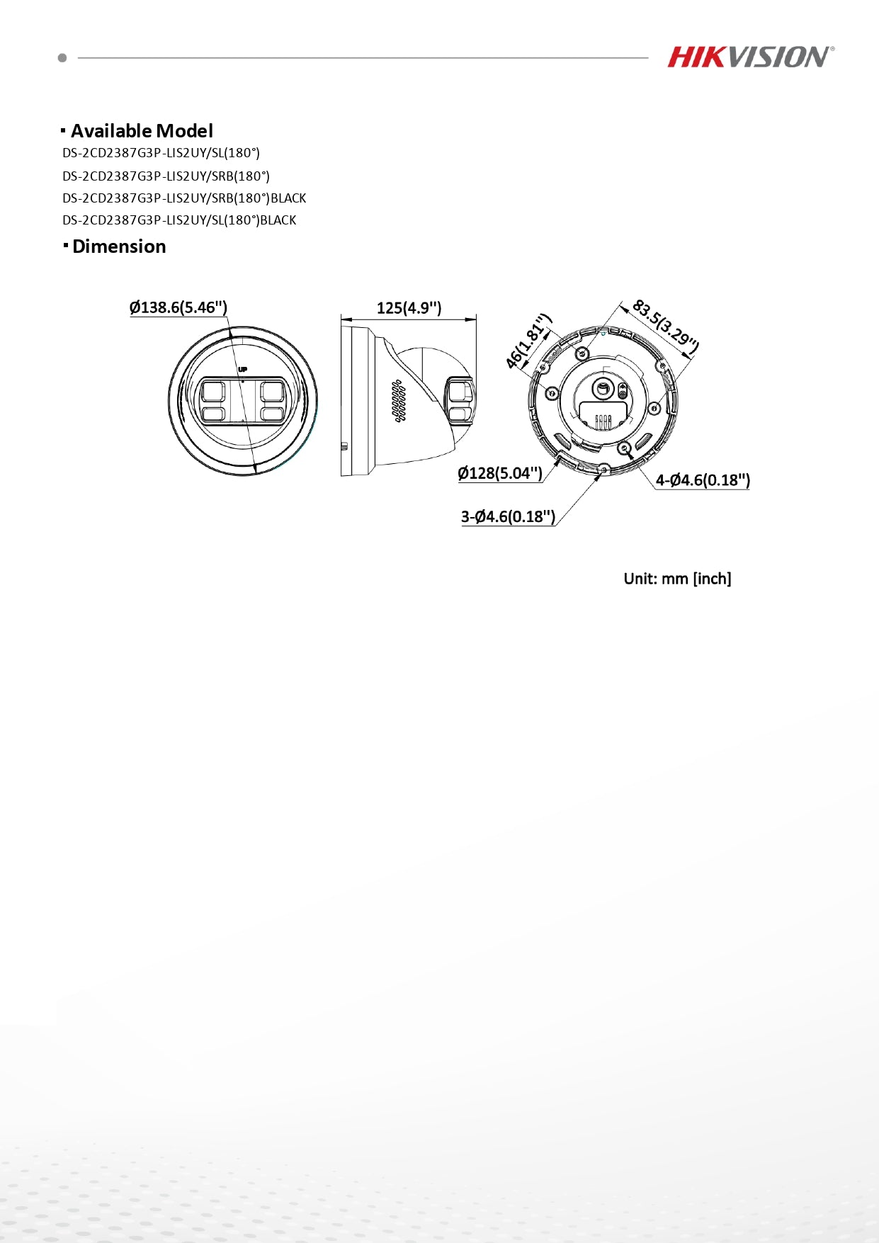 Hikvision 8 MP Panoramic ColorVu Fixed Turret Network Camera (DS-2CD2387G3P-LIS2UY/SRB(180°)