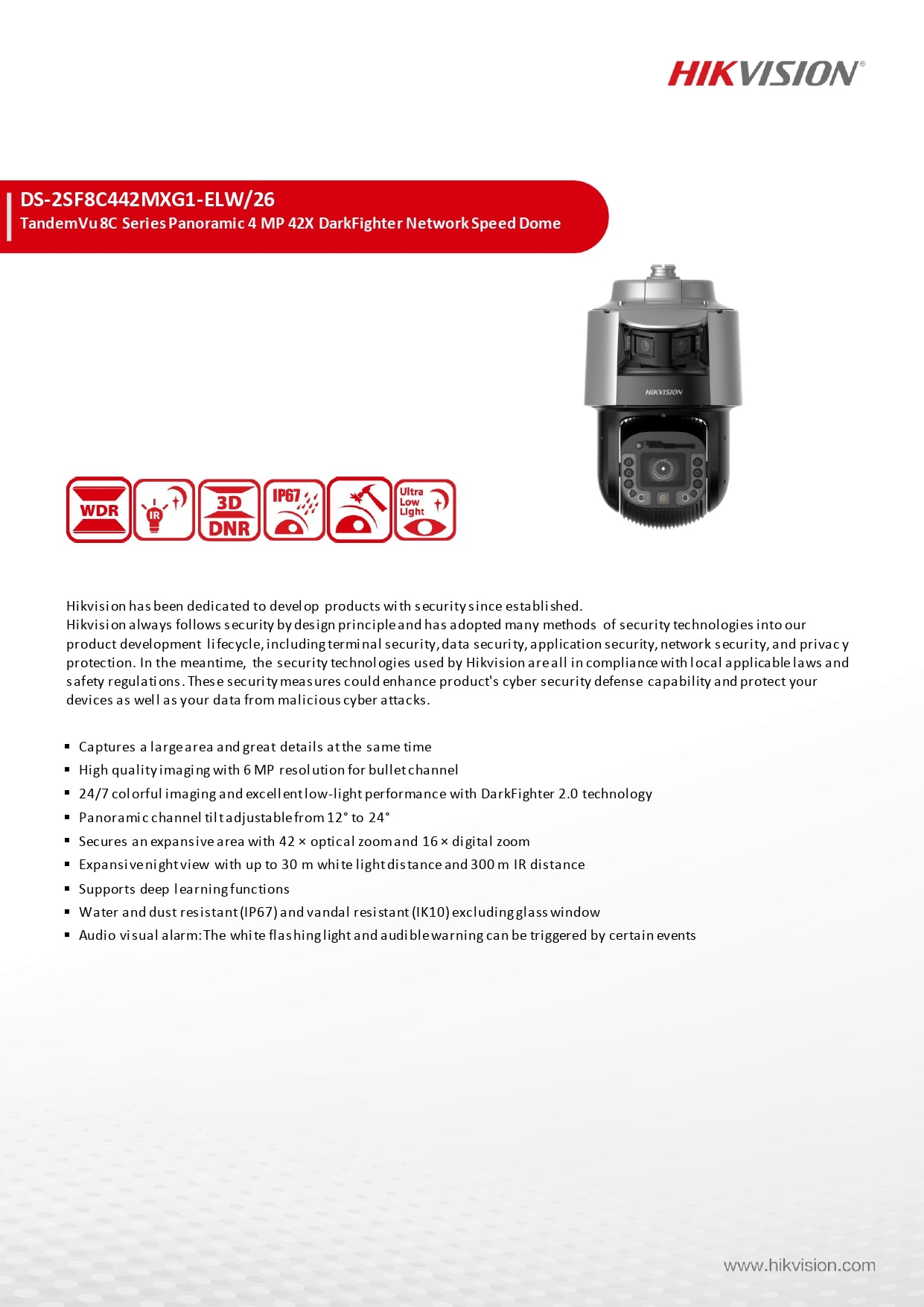 Hikvision TandemVu 8" 6MP Panoramic + 42X PTZ Network Speed Dome – DarkFighter 2.0, AcuSeek (DS-2SF8C442MXG1-ELW/26(F0))