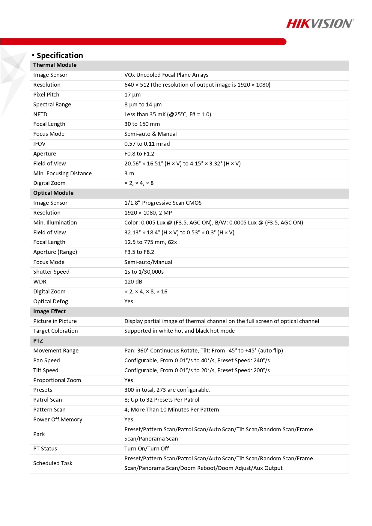 Hikvision DS-2TD8167-150ZE2F/W Dual-Spectrum Thermal & Optical Bi-Spectrum PTZ Network Camera