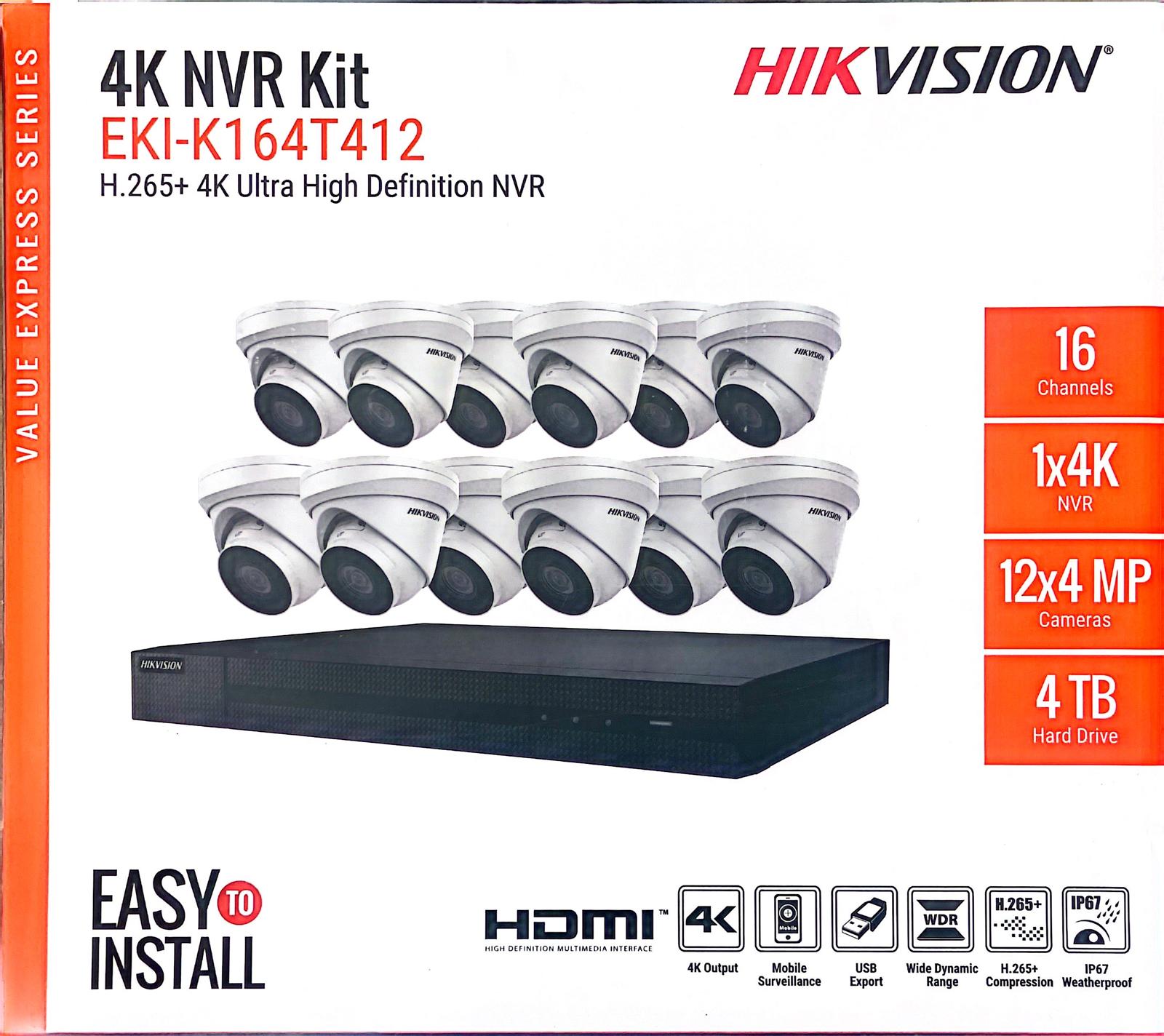 Hikvision IP Security Camera Kit 16 Channel 4K NVR with 12 x 4MP Turret Cameras EKI-K164T412