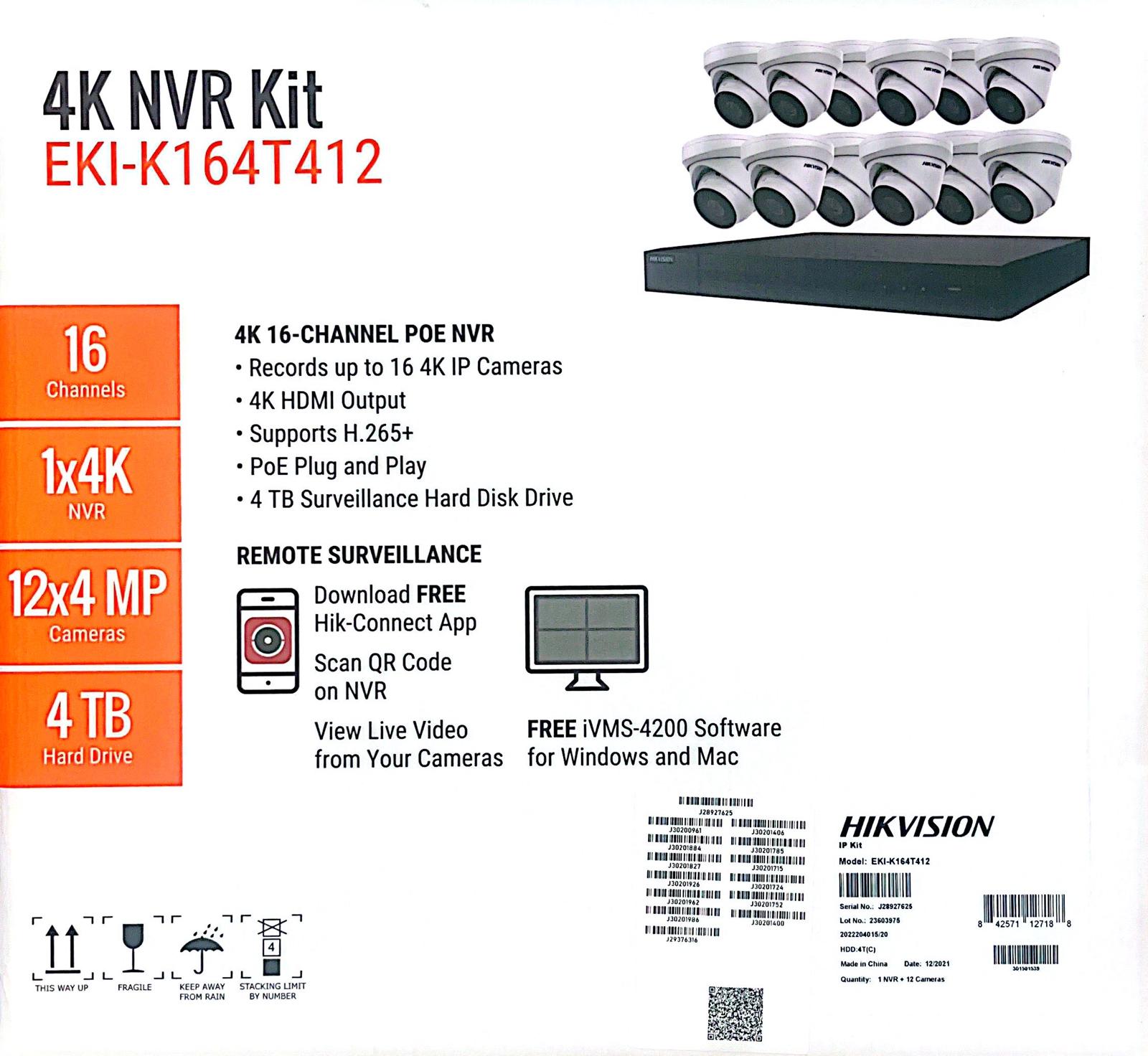 Hikvision IP Security Camera Kit 16 Channel 4K NVR with 12 x 4MP Turret Cameras EKI-K164T412
