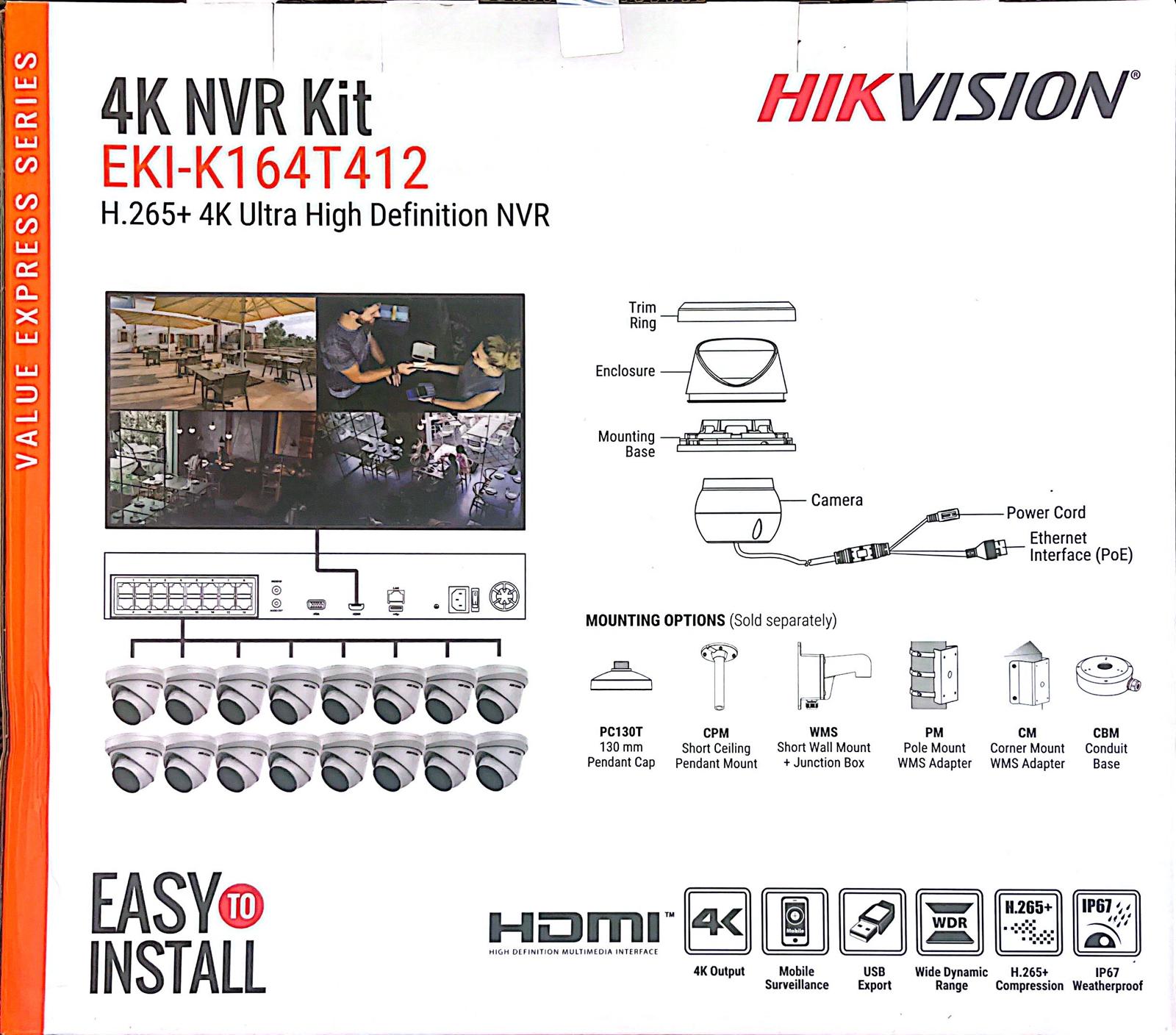 Hikvision IP Security Camera Kit 16 Channel 4K NVR with 12 x 4MP Turret Cameras EKI-K164T412