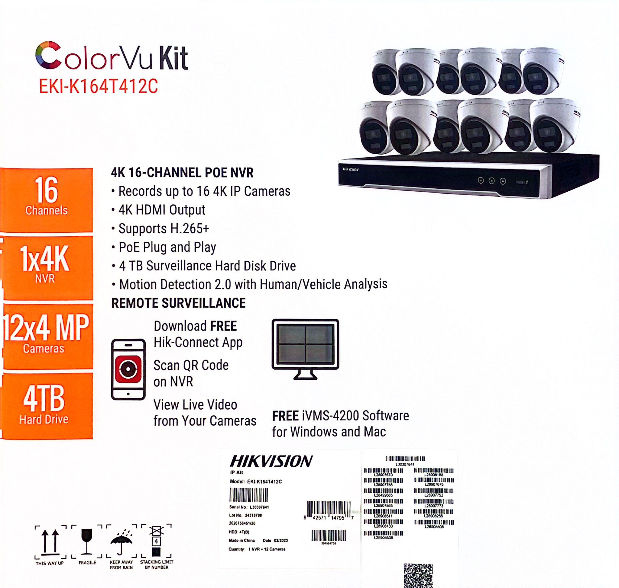 Hikvision EKI-K164T412C 16-Channel 8MP NVR with 4TB HDD & 12 ColorVu 4MP Night Vision Turret Cameras Kit