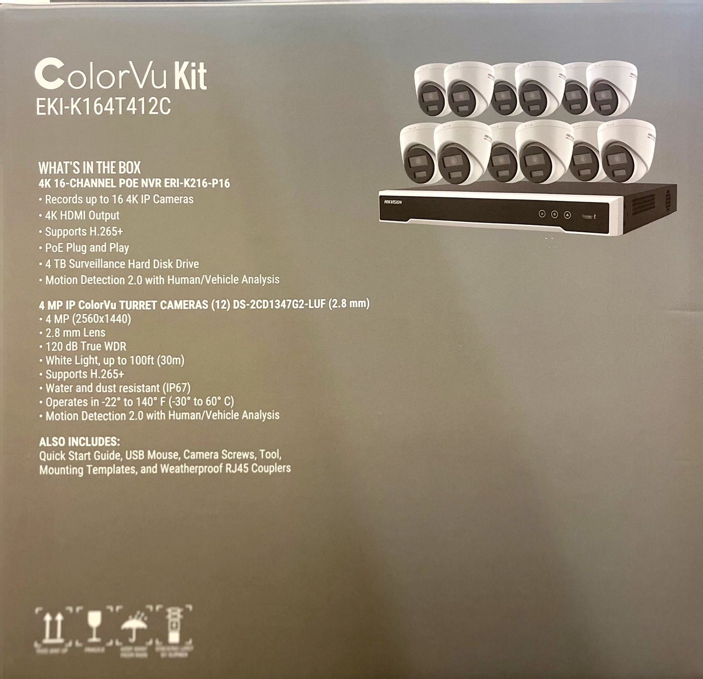 Hikvision EKI-K164T412C 16-Channel 8MP NVR with 4TB HDD & 12 ColorVu 4MP Night Vision Turret Cameras Kit