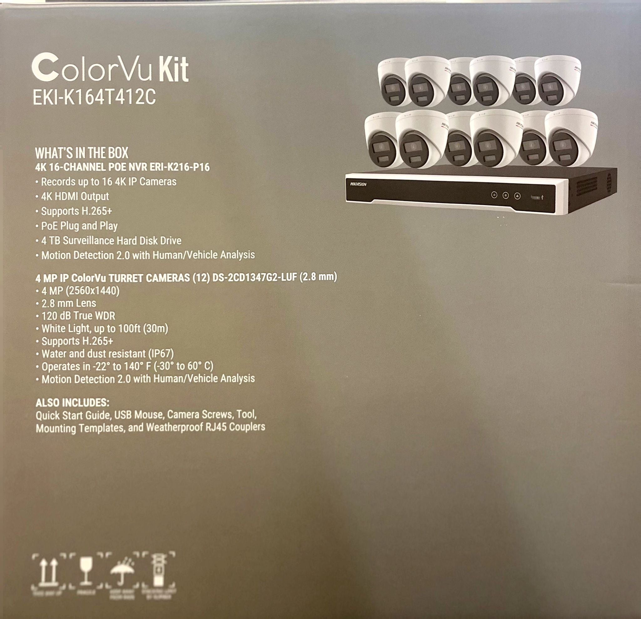 Hikvision EKI-K164T412C 16-Channel 8MP NVR with 4TB HDD & 12 ColorVu 4MP Night Vision Turret Cameras Kit