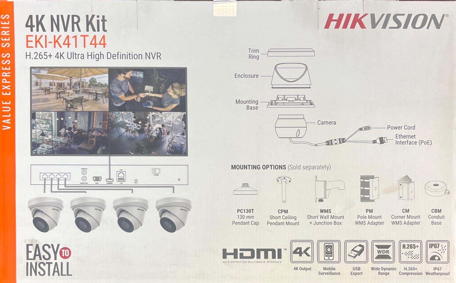 Hikvision IP Security Camera Kit 4 Channel 4K NVR with 4 x 4MP Turret Cameras ( EKI-K41T44)