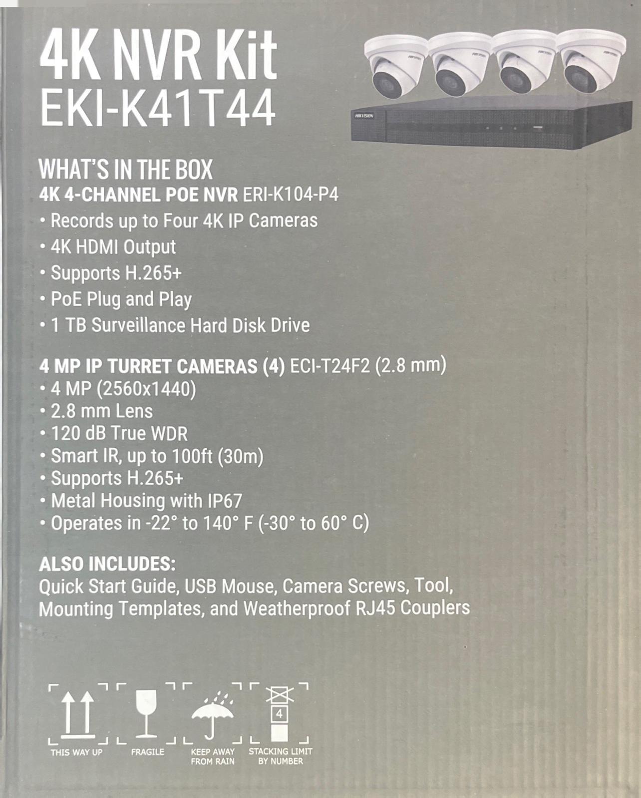 Hikvision IP Security Camera Kit 4 Channel 4K NVR with 4 x 4MP Turret Cameras ( EKI-K41T44)