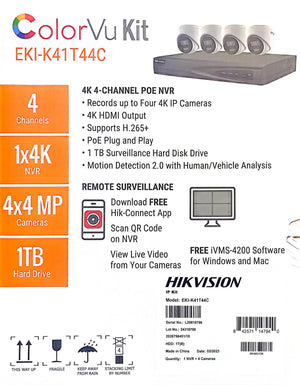 Hikvision IP Security Camera Kit 4 Channel 4K NVR with 4 x 4MP Turret Cameras EKI-K41T44 C