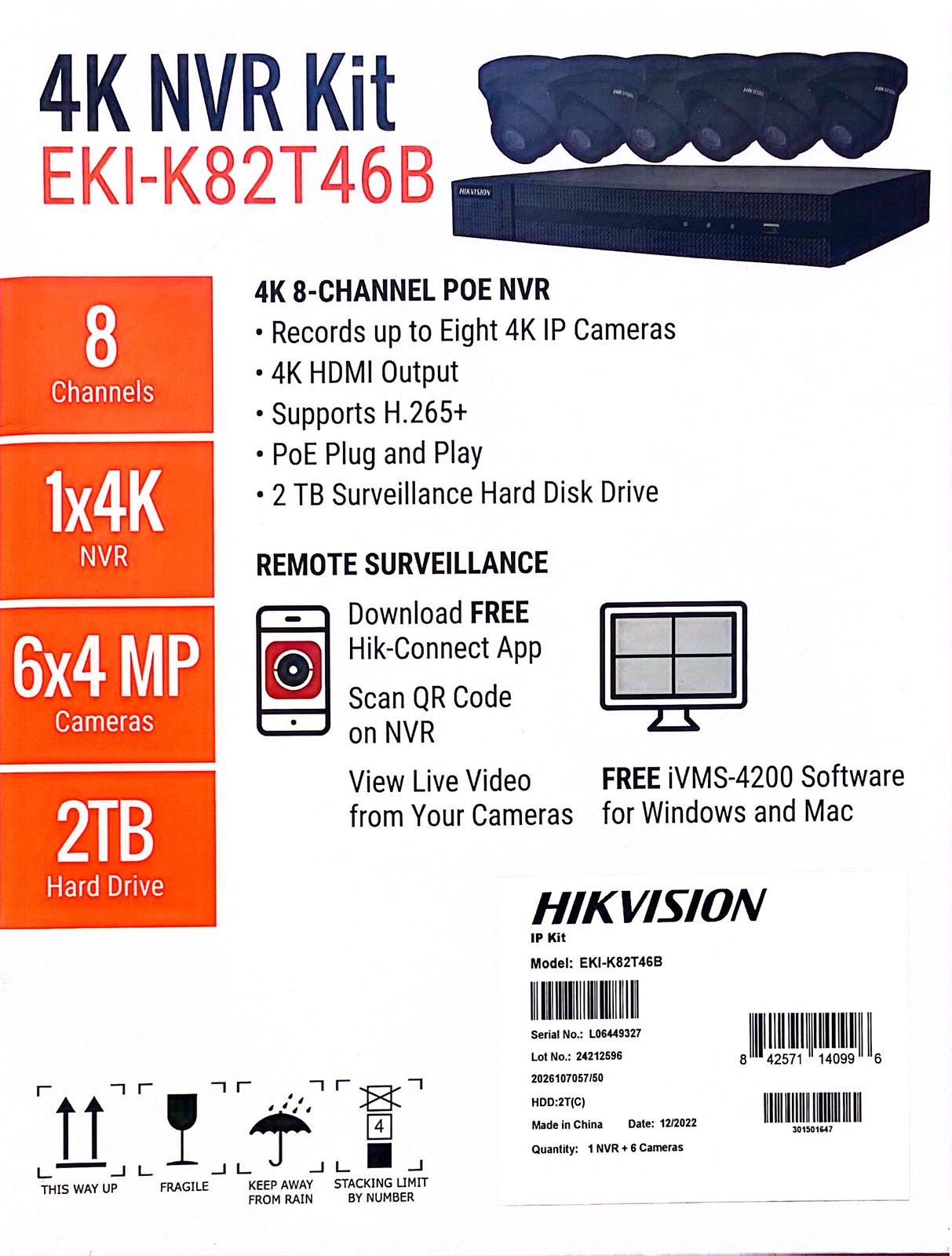 Hikvision IP Security Camera Kit 8 Channel 4K NVR with 6 x 4MP Turret Cameras EKI-K82T46 B