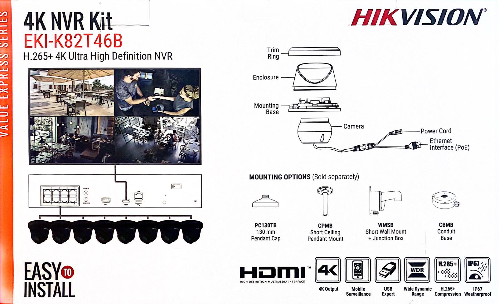 Hikvision IP Security Camera Kit 8 Channel 4K NVR with 6 x 4MP Turret Cameras EKI-K82T46 B